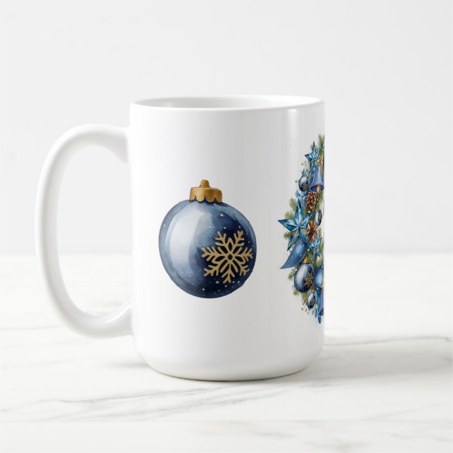 Blue and Gold Christmas Wreath Coffee Mug (Left)