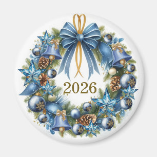 Blue and Gold Christmas Wreath Customisable Magnet