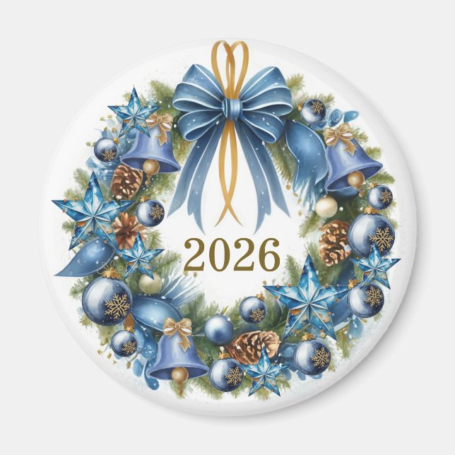 Blue and Gold Christmas Wreath Customisable Magnet (Front)