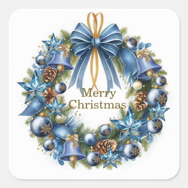 Blue and Gold Christmas Wreath Square Sticker (Front)