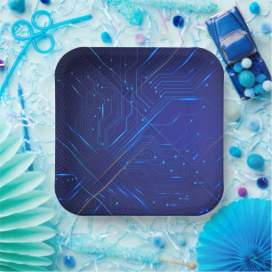 Blue and Gold Circuit Pattern Paper Plate