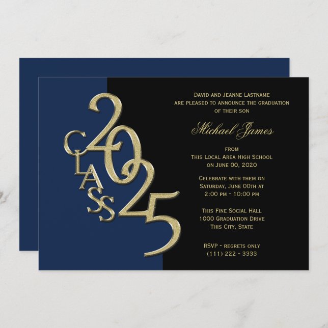 Blue and Gold Class of 2025 Grad with Colour Optio Invitation (Front/Back)