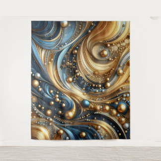 Blue and gold combination on abstract waves art tapestry