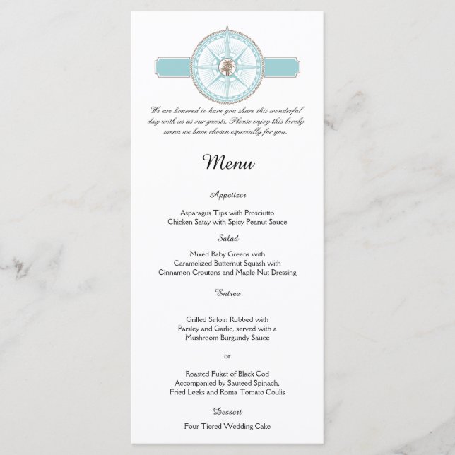 Blue and Gold Compass Rose Beach Wedding Menu (Front)