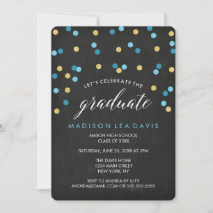 Blue and Gold Confetti Chalkboard Graduation Party Invitation