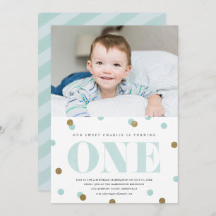 Blue and gold confetti first birthday party photo invitation