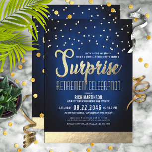 Blue and Gold Confetti Surprise Retirement Party Invitation