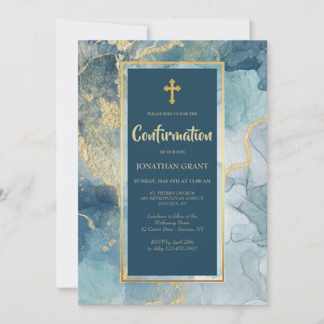 Blue and Gold Confirmation Invitations (Front)