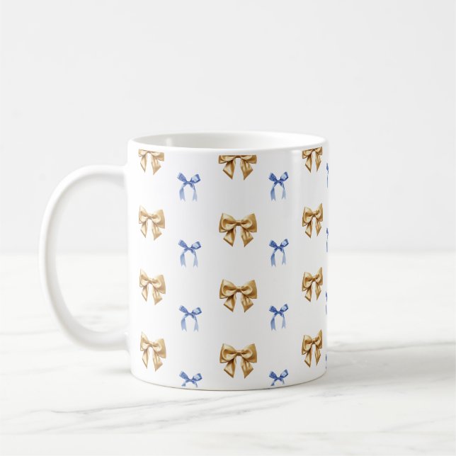 Blue and Gold Coquette Bow Coffee Mug (Left)