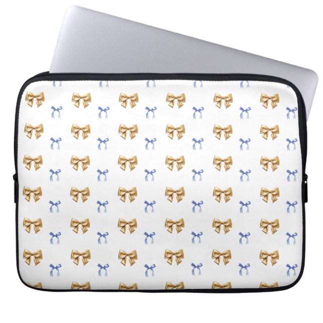 Blue and Gold Coquette Bow Laptop Sleeve (Front)