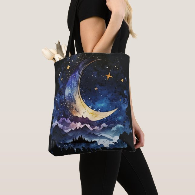 Blue and Gold Crescent Moon and Clouds Halloween Tote Bag (Close Up)