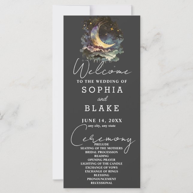 Blue and Gold Crescent Moon Wedding Program (Front)