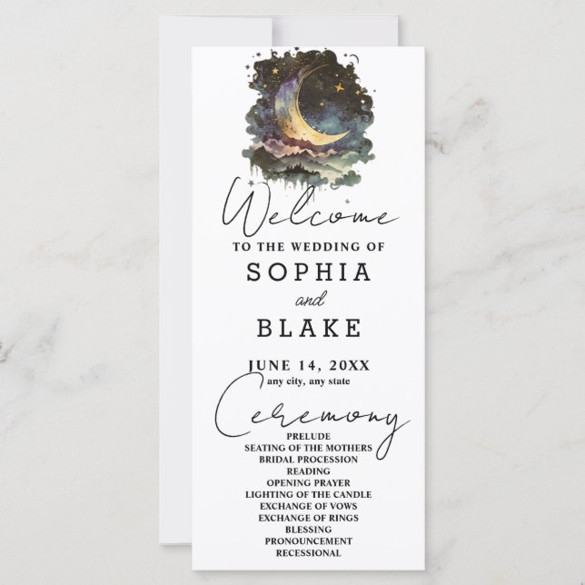 Blue and Gold Crescent Moon Wedding Program (Front)