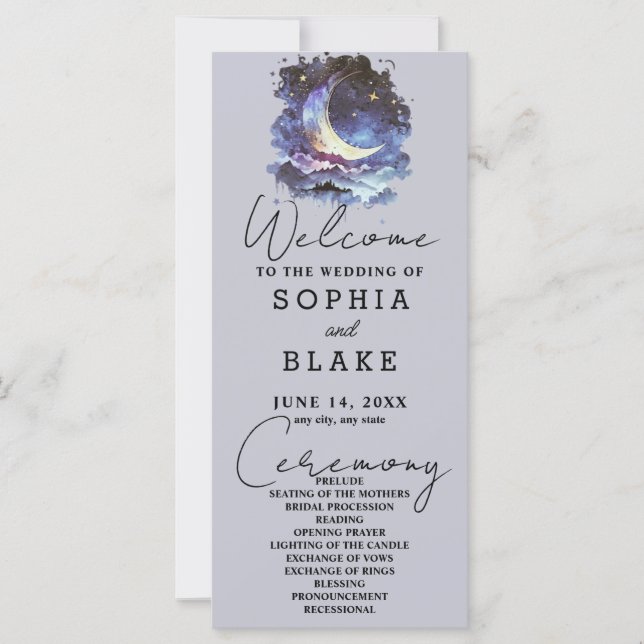 Blue and Gold Crescent Moon Wedding Program (Front)