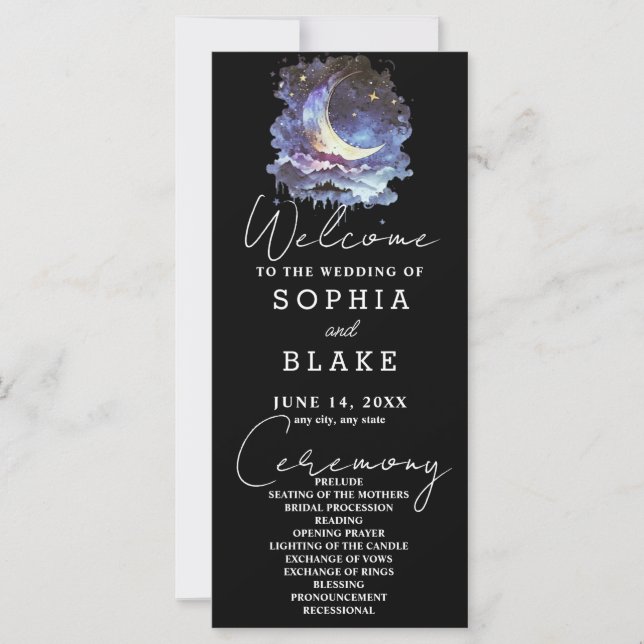 Blue and Gold Crescent Moon Wedding Program (Front)
