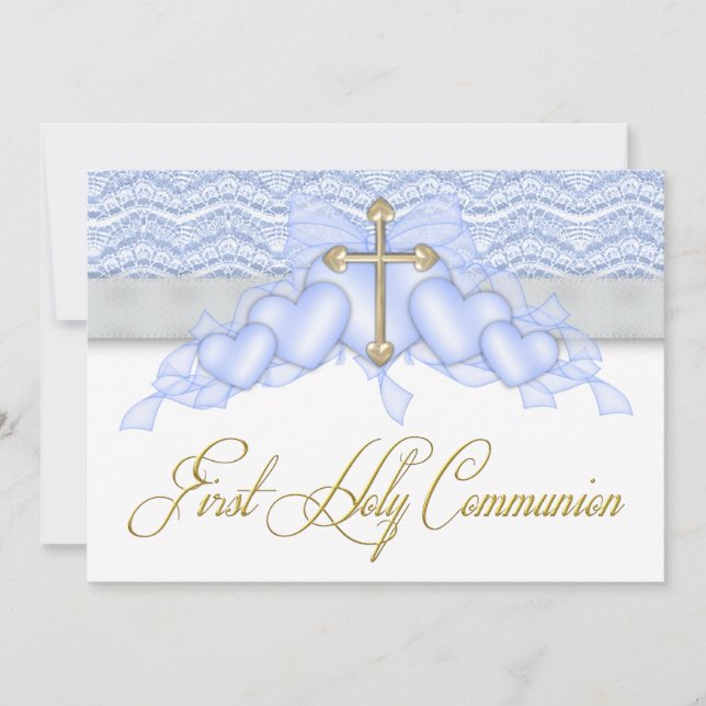 Blue and Gold Cross Boys First Communion Invitation (Front)