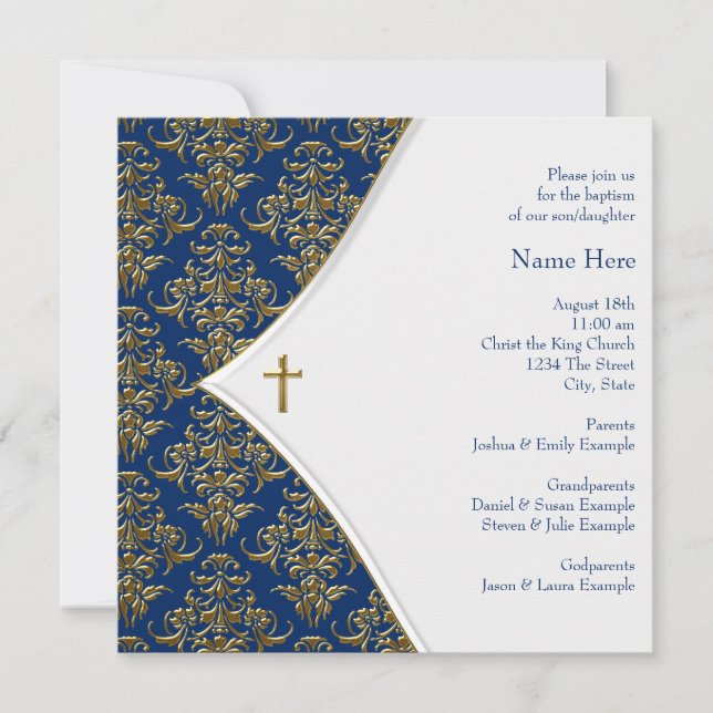 Blue and Gold Cross Christening Invitation (Front)