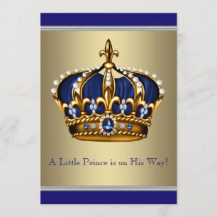 Blue and Gold Crown Little Prince Baby Shower Invitation