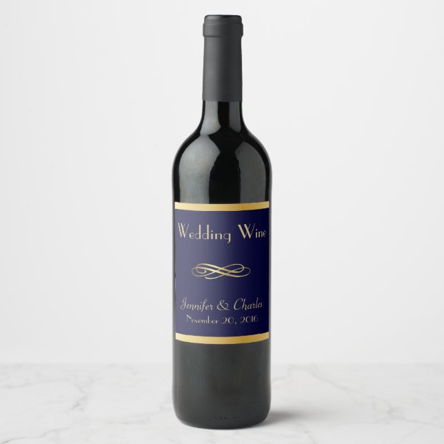 Blue and Gold Custom Wedding Wine Label (Front)