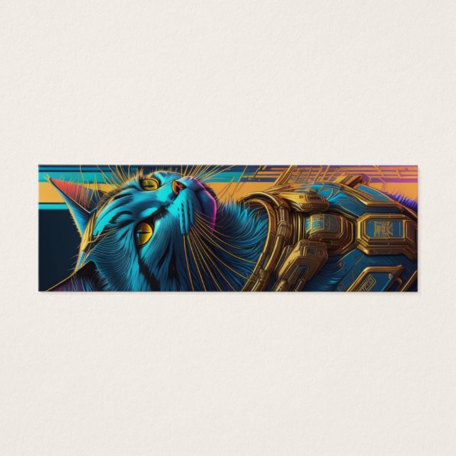 Blue and Gold Cyberpunk Cat Bookmark  (Front)