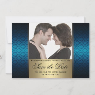 Blue and Gold Damaks Save the Date Photo