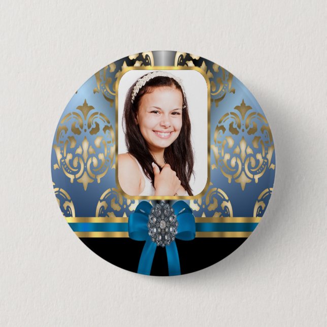 Blue and gold damask 6 cm round badge (Front)