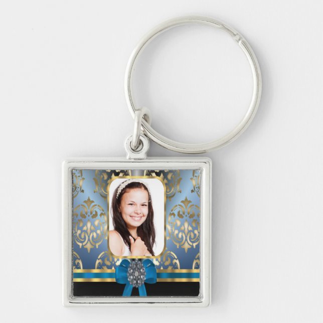Blue and gold damask key ring (Front)