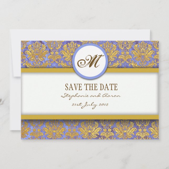 Blue and Gold Damask Monogram Save The Date Card (Front)