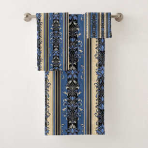 Blue and Gold Damask Stripes Bath Towel Set