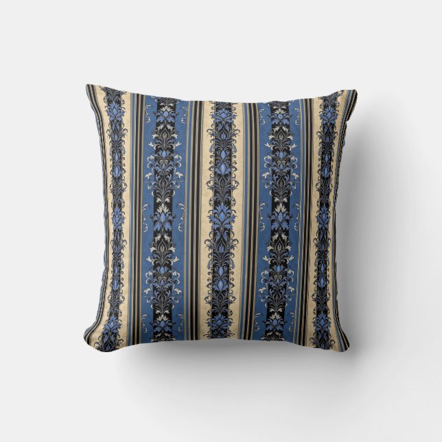 Blue and Gold Damask Stripes Cushion (Front)
