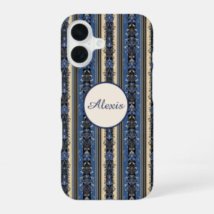 Blue and Gold Damask Stripes iPhone 16 Case