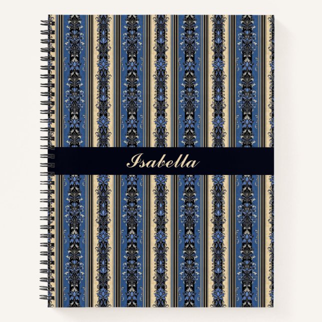 Blue and Gold Damask Stripes Notebook (Front)