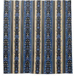 Blue and Gold Damask Stripes Shower Curtain