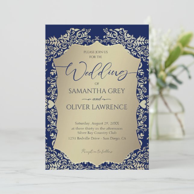 Blue and Gold Damask Wedding Invitation (Standing Front)