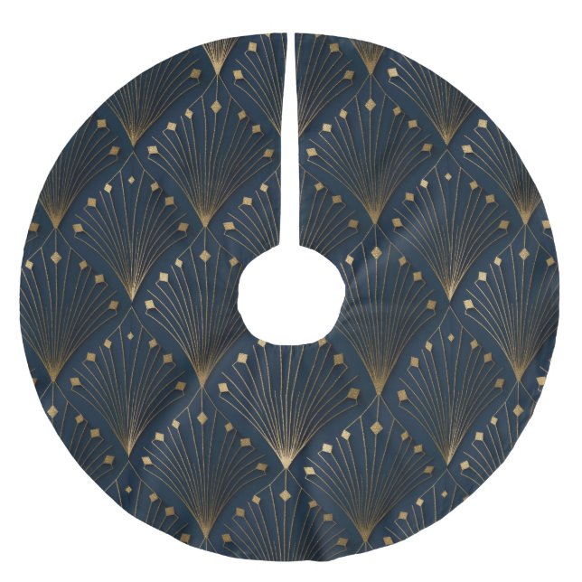 Blue And Gold Deco Pattern Brushed Polyester Tree Skirt (Front)