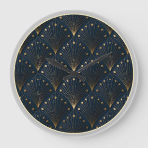Blue And Gold Deco Pattern Large Clock