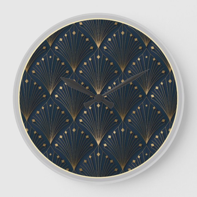 Blue And Gold Deco Pattern Large Clock (Front)