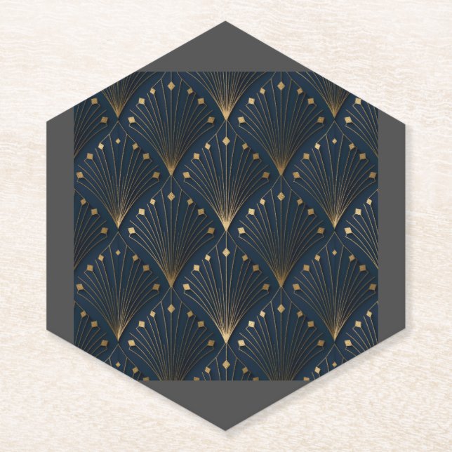 Blue And Gold Deco Pattern Paper Coaster (Front)