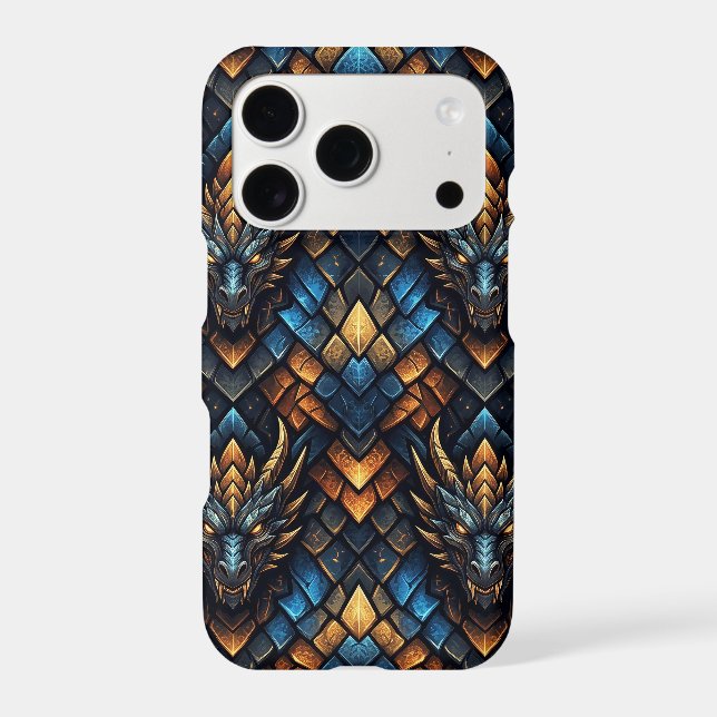 Blue and Gold Dragon Heads Geometric Scale Pattern (Back)