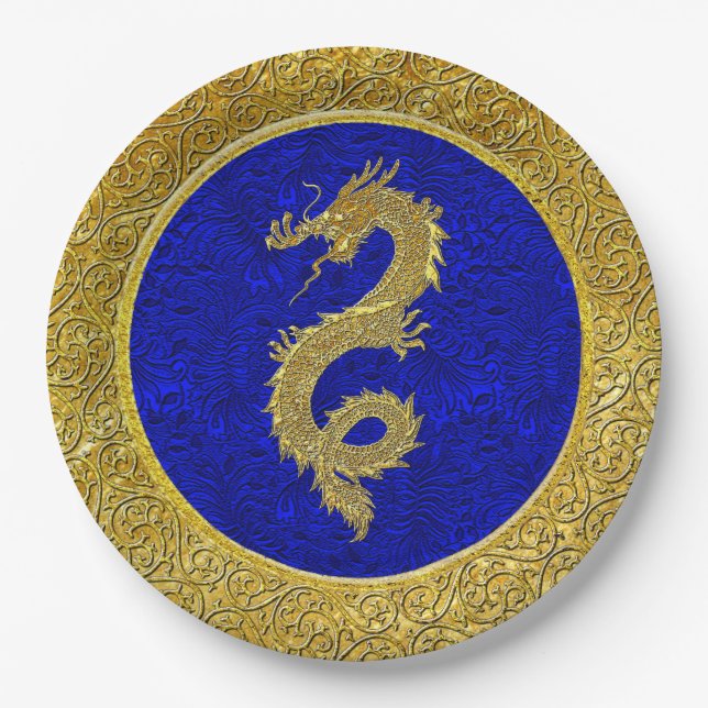 Blue and Gold Dragon Pattern Paper Plate (Front)
