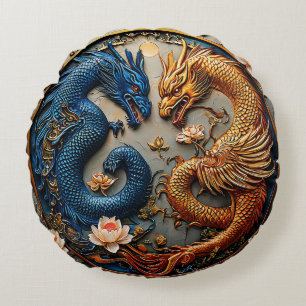 Blue and Gold Dragons in Yin Yang Design Round Cushion