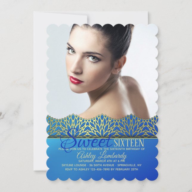 Blue and Gold Edging Photo Invitation (Front)