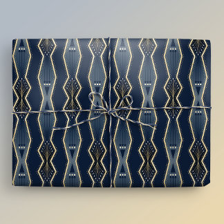 Blue and Gold Elegant Art Deco Stripe Wrapping Paper