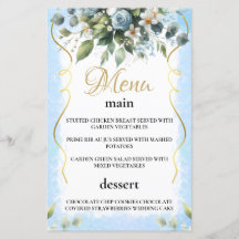 Blue and Gold Elegant Floral Rustic Menu Card