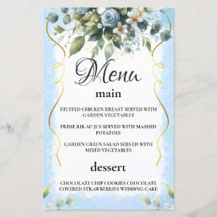 Blue and Gold Elegant Floral Rustic Menu Card