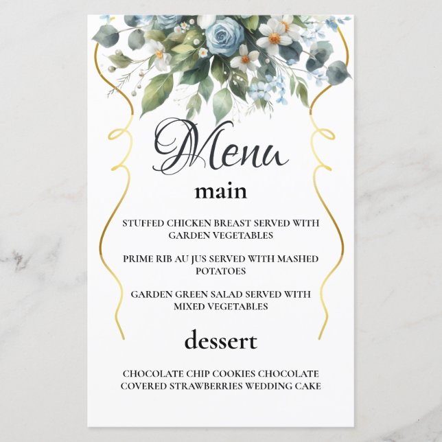 Blue and Gold Elegant Floral Rustic Watercol Menu  (Front)