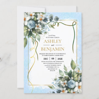  Blue and Gold Elegant Floral Rustic Watercolor Invitation