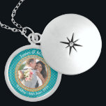Blue and Gold Elegant Photo Wedding Keepsake Locket Necklace<br><div class="desc">Beautiful sterling silver locket to personalise with your own photograph and text making a unique gift for yourself or someone close. Your photo is set within an ornate blue and gold round surround against a blue background with tiny heart pattern. Makes a beautiful keepsake for a special occasion.</div>