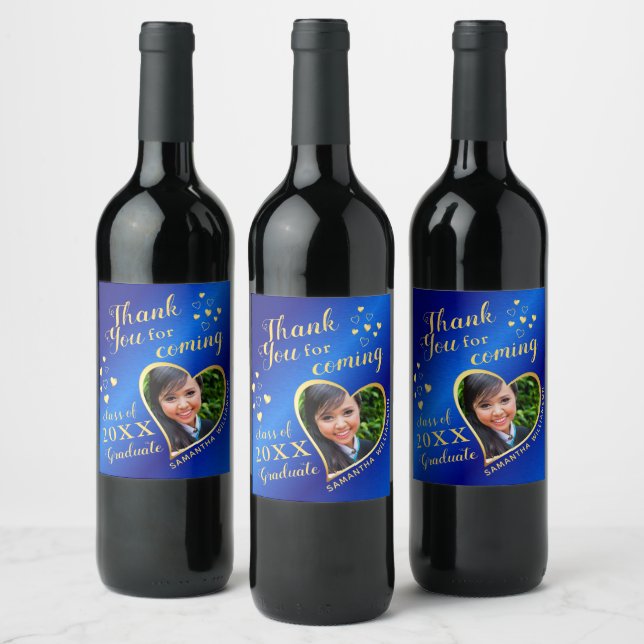 Blue and Gold Elegant Thank You 2026 Graduation Wine Label (Bottles)