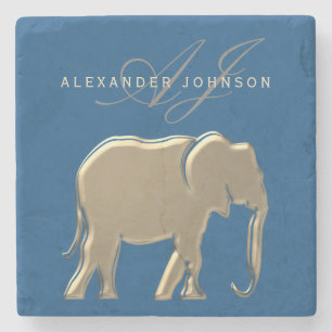 Blue and Gold Elephant Monogrammed Stone Coaster